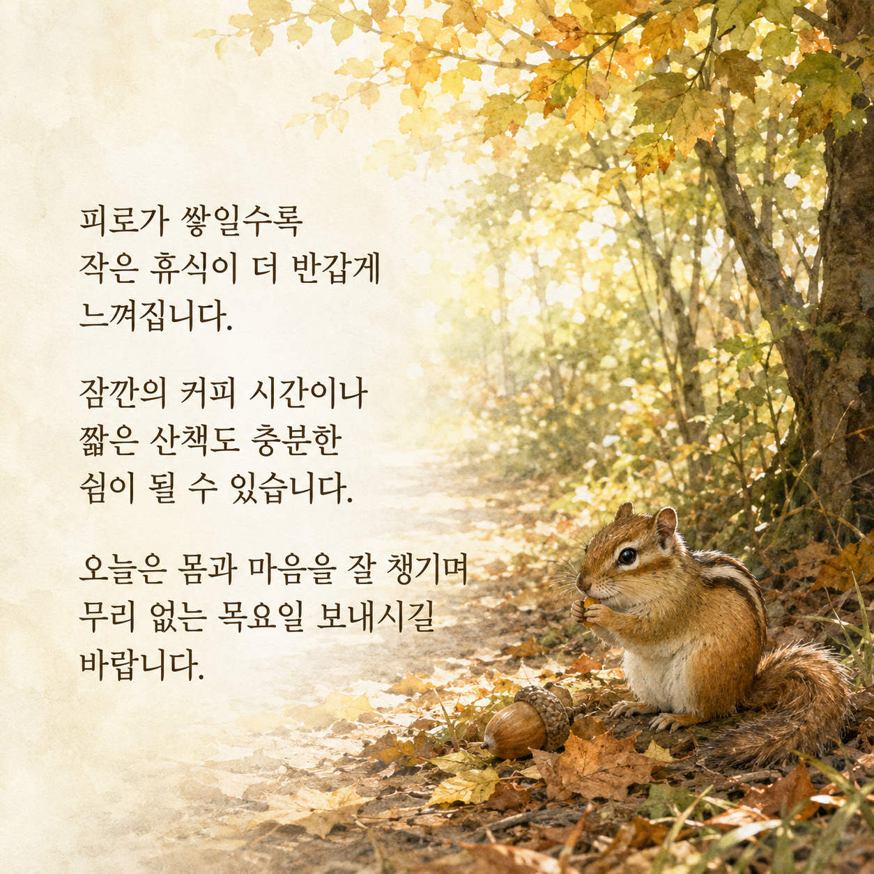 작은 휴식으로 몸과 마음을 챙기라는 목요일 인사말 이미지