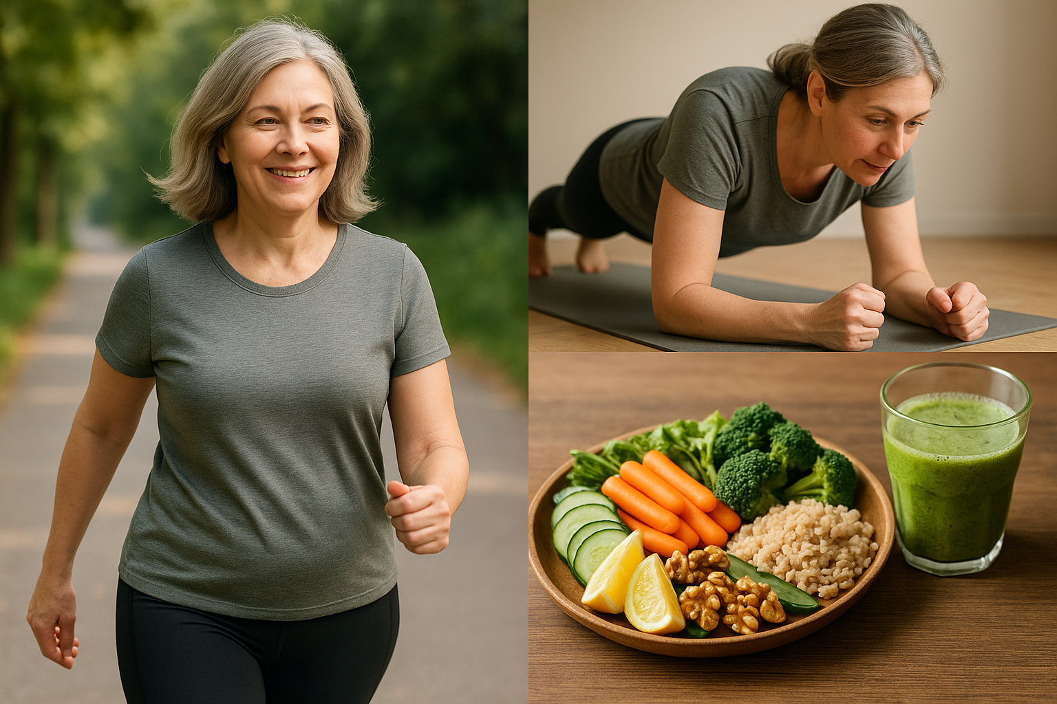 40대 여성의 건강한 감량을 위한 걷기, 플랭크 운동, 디톡스 식단을 표현한 모습