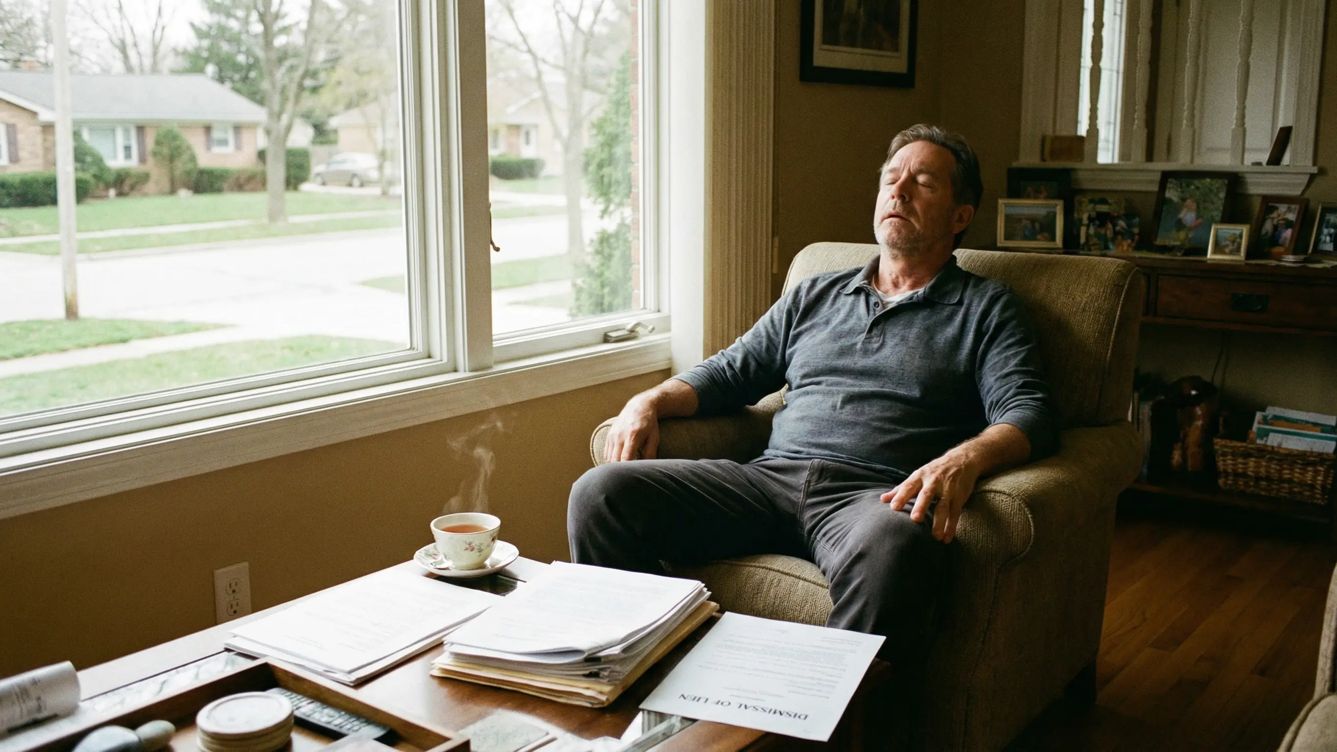 법적 문제를 해결하고 압류의 공포에서 벗어나 평온한 일상을 되찾은 안도하는 모습