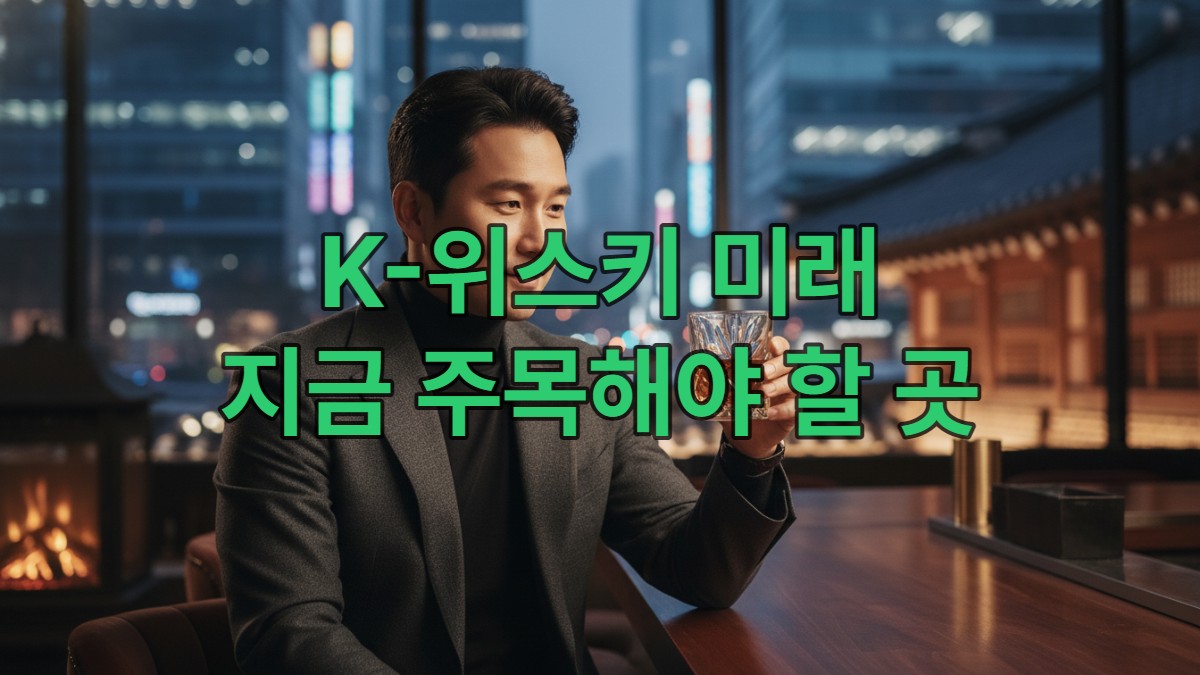 세련된 한국 남성이 2026년 서울의 현대적인 바에서 K-위스키 한 잔을 들고 음미하는 모습.