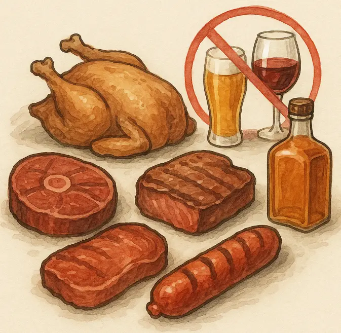 통닭, 맥주, 와인, 위스키, 각종 육류들이 있는 사진