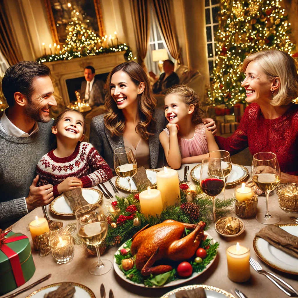 아름답게 장식된 호텔 레스토랑에서 크리스마스 프로모션을 즐기며 행복한 표정을 짓고 있는 가족의 모습을 담은 이미지