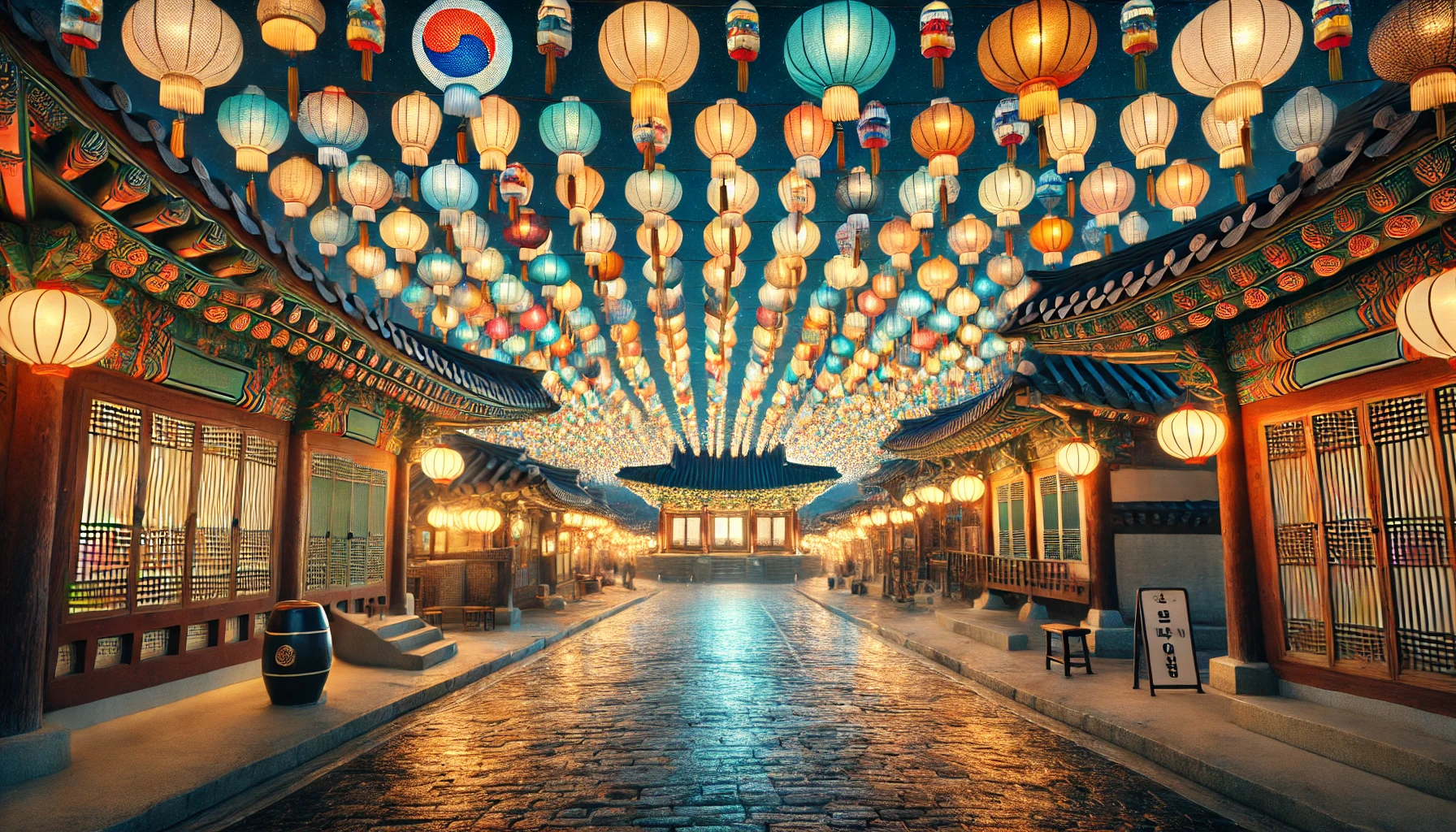 절 안에 연등으로 장식한 이미지