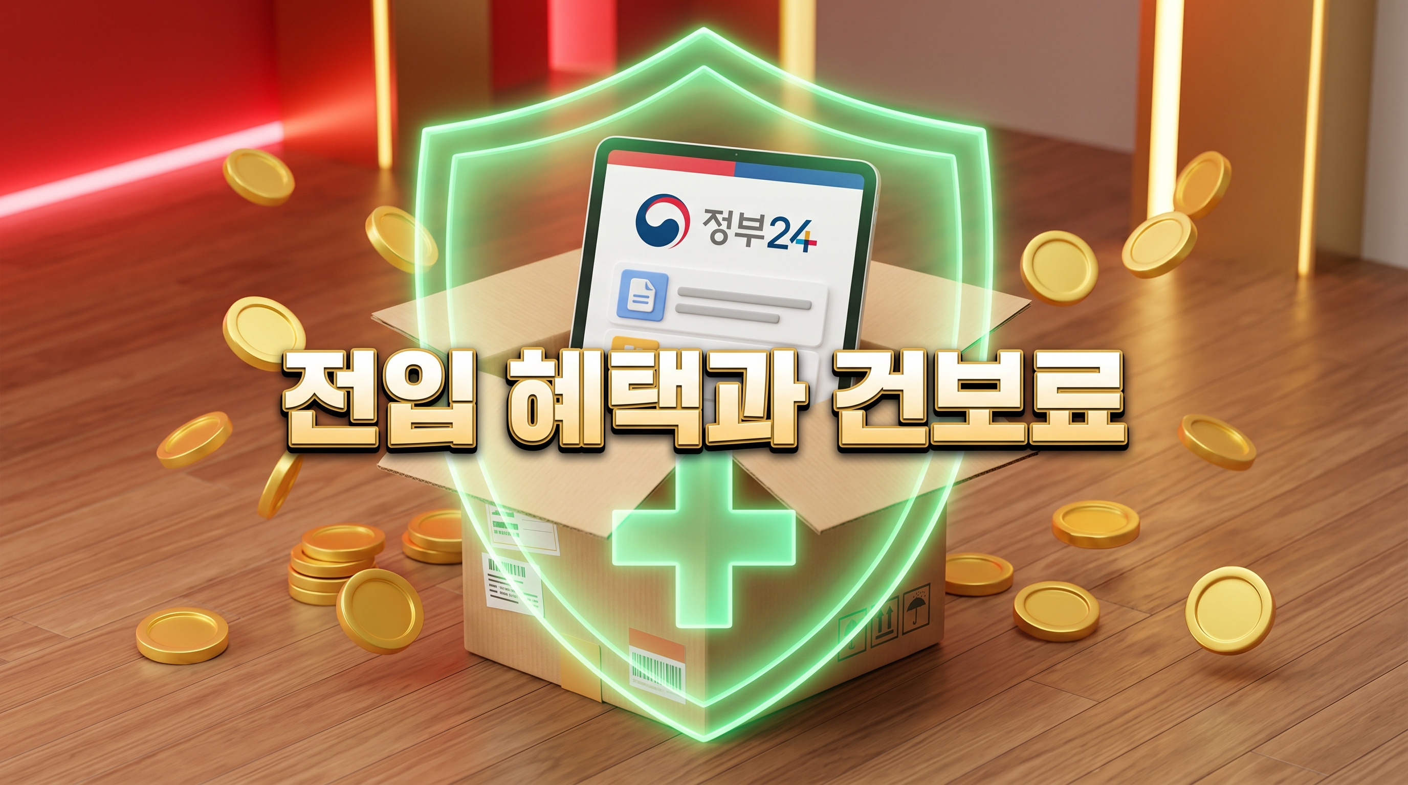 정부24 로고가 있는 디지털 문서가 현대적인 이사 박스 안에 담겨 있고, 의료 십자가가 그려진 빛나는 초록색 방패가 박스를 보호하며 주변에 금화가 흩뿌려진 3D 일러스트 배경에, 짙은 그림자와 외곽선으로 선명하게 강조된 '전입 혜택과 건보료'라는 한글 문구가 중앙에 적힌 이미지
