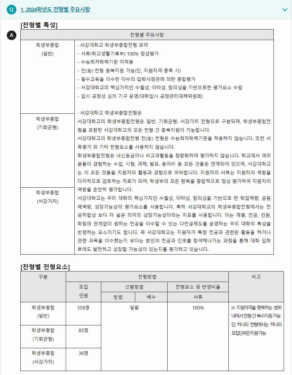 2024학년도 서강대학교 학생부종합전형 전형별 주요사항