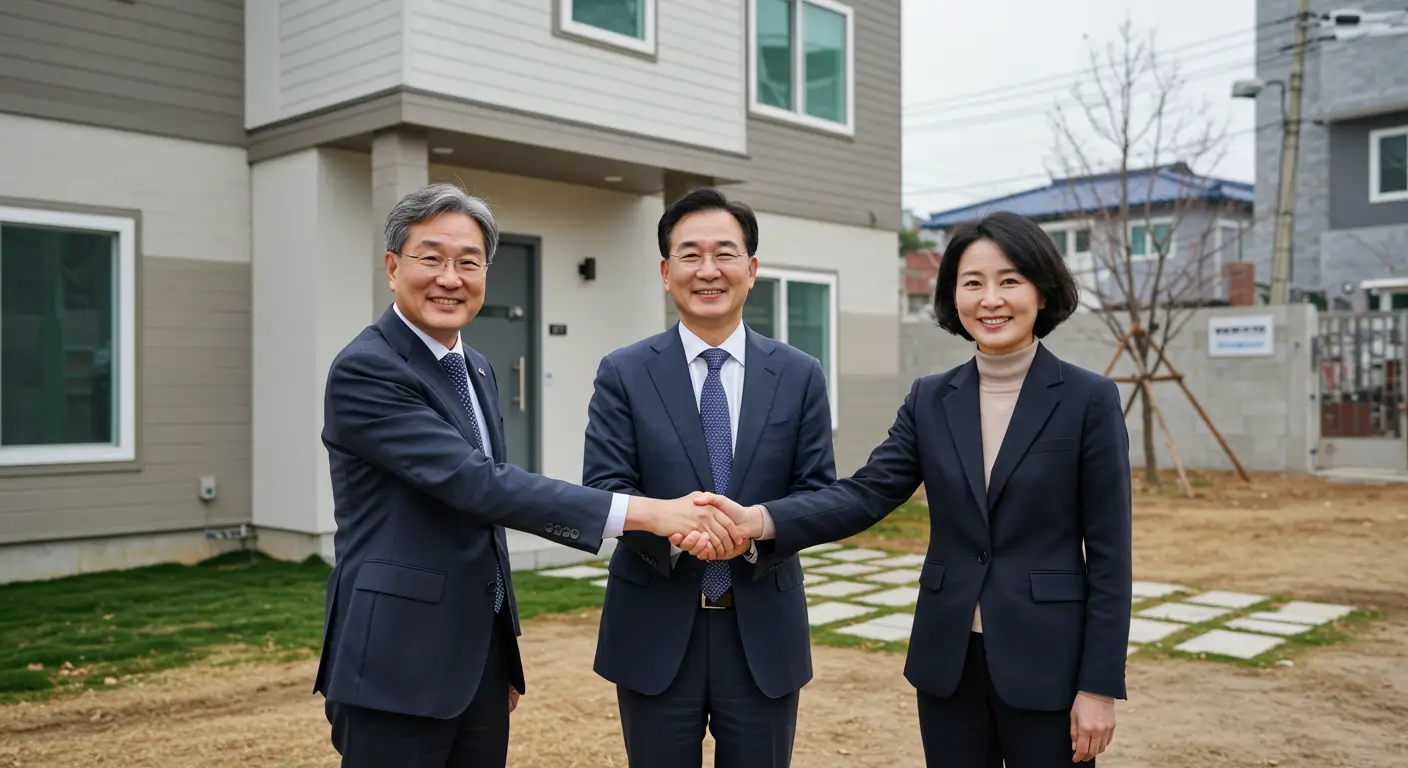 주택매매사업자 대출로 성공적인 프로젝트를 마친 후 악수하는 전문가들