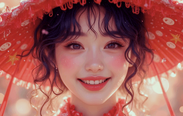 예쁜 여자가 환하게 웃고 있다. 빨간색의 챙이 넓은 중국식 모자를 썼다.