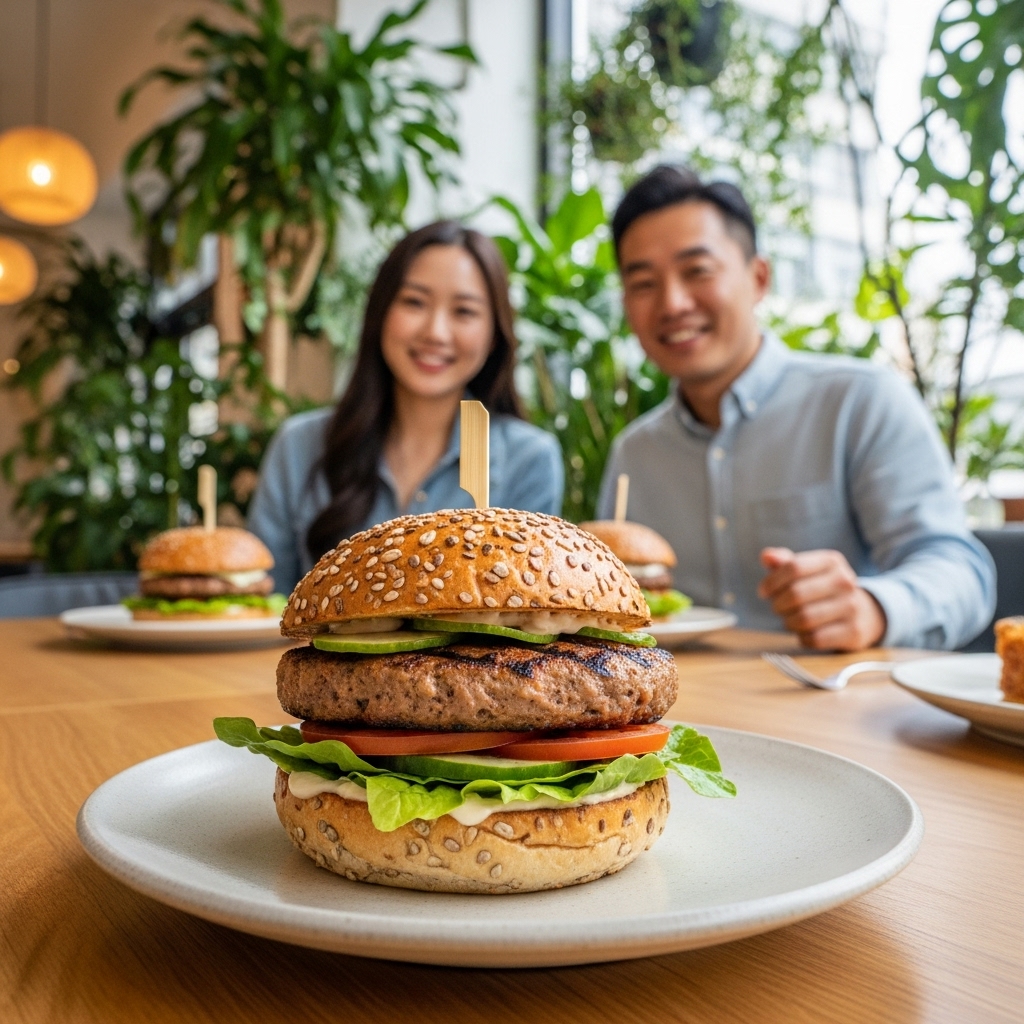 a gourmet burger made with cultured meat, served on a ceramic plate at a trendy, eco-friendly Korean restaurant