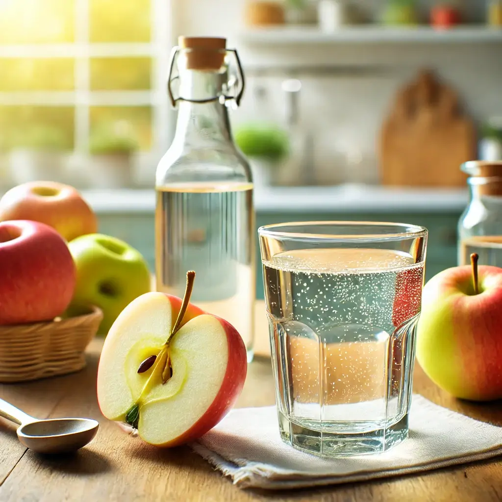 사과와 함께 놓인 희석된 식초물 한 잔, 건강하고 자연스러운 분위기의 테이블 위 모습