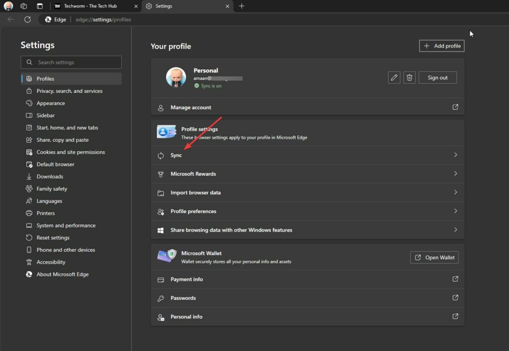 마이크로소프트 엣지 동기화 화면