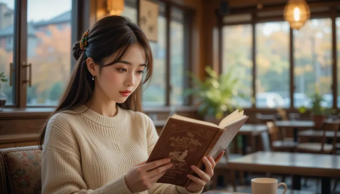 조용한 카페에서 운세 책을 읽으며 2025년 말띠 운세를 살펴보는 여성의 이미지