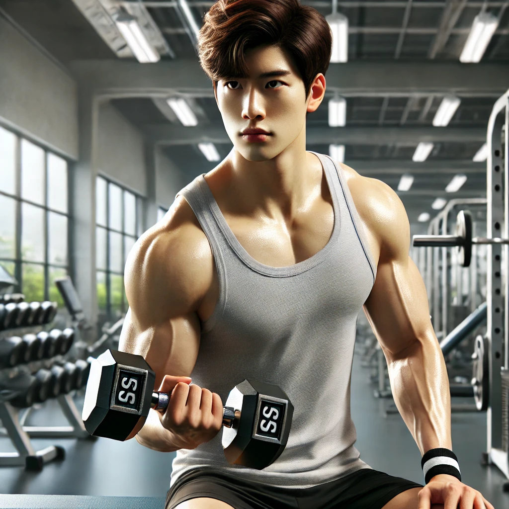 남성이 현대적인 체육관에서 덤벨을 들며 웨이트 트레이닝에 집중하는 장면. 그는 탱크톱과 반바지를 입고 있으며, 배경에는 운동 기구와 밝은 조명이 보입니다