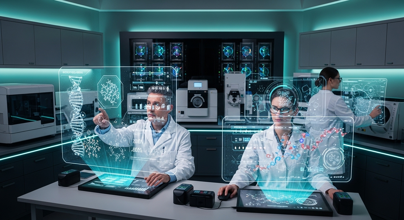 과학자들이 홀로그램 인터페이스로 생체 데이터를 분석하며 디지털 치료제를 개발하는 모습