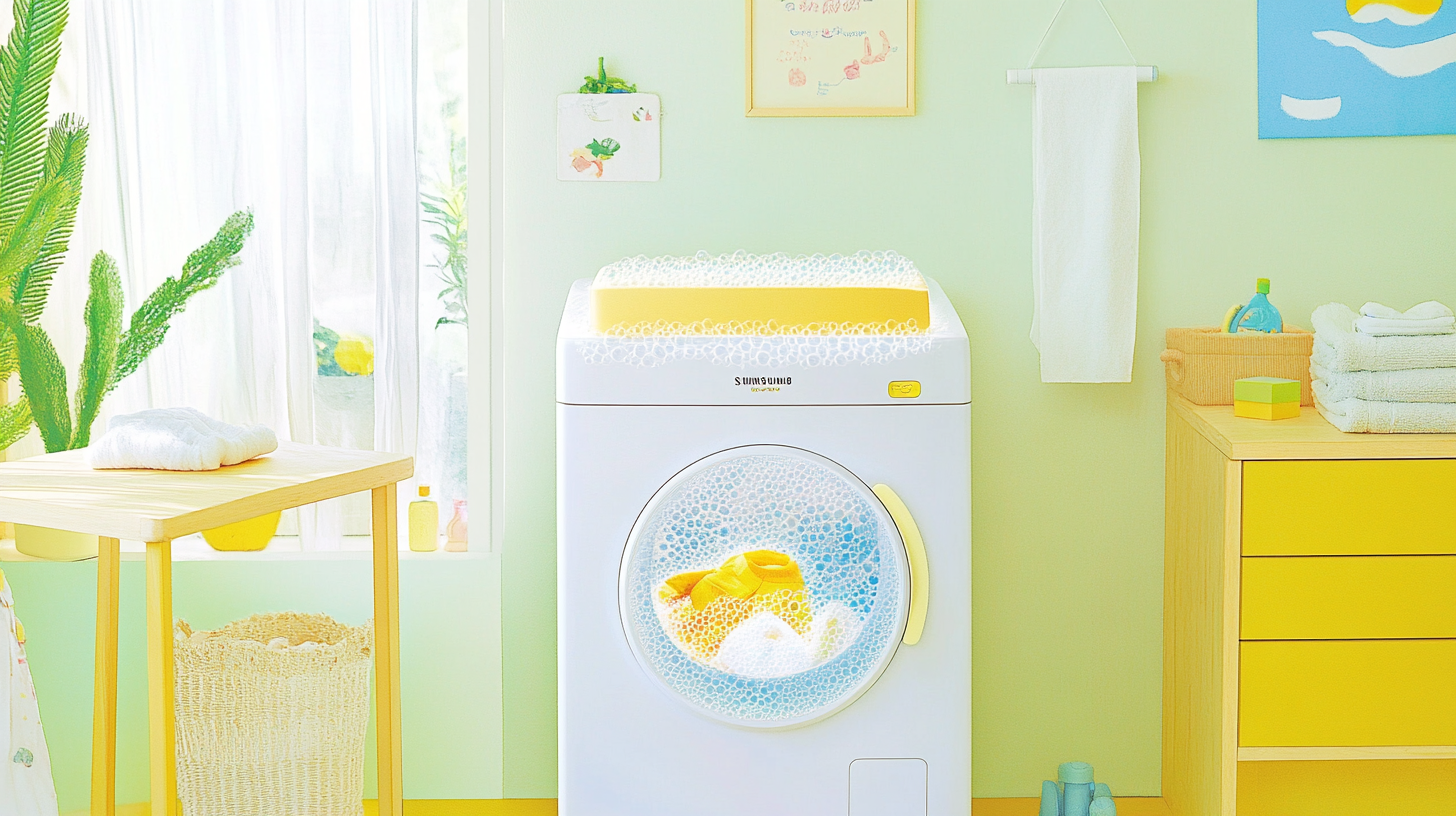잘 조명된 세련된 빨래방에서 삼성이코버블 아기 세탁기로 부드럽게 거품에 싸여 세탁 중인 아기 옷들