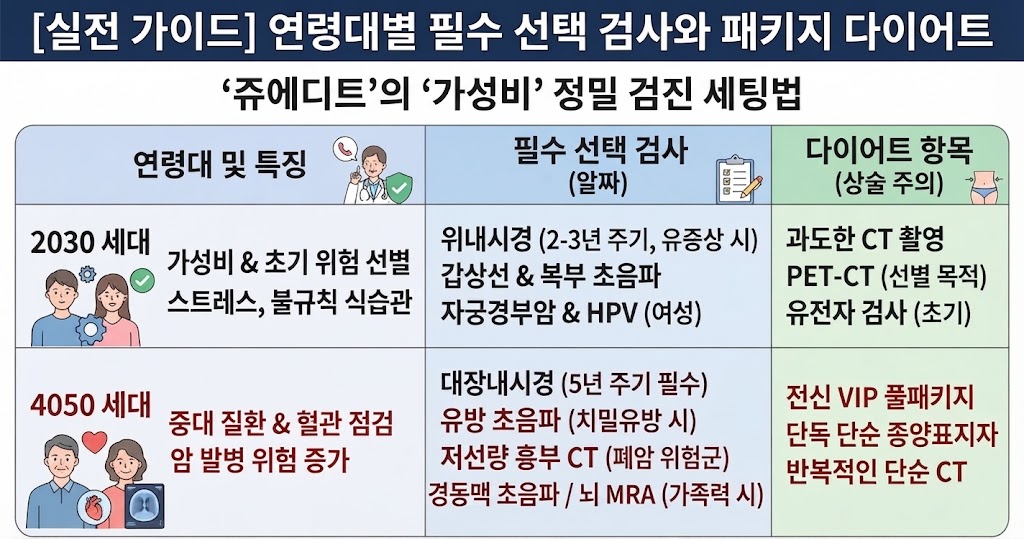 "연령대별 필수 선택 검사" 표 이미지입니다. 2030세대는 위험 선별과 불규칙 식습관, 4050세대는 중대 질환과 혈관 점검에 초점을 맞춘 검진 항목을 비교하여 보여줍니다.