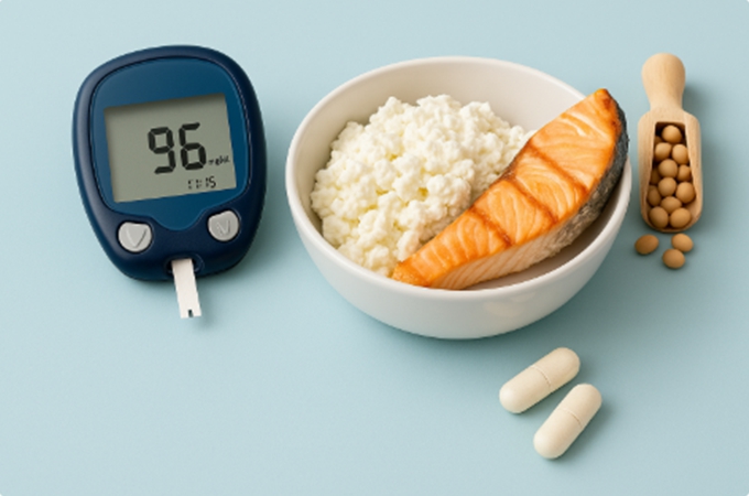 혈당 측정기, 인슐린 펜, 단백질 보충제 스쿱이 함께 놓여 있는 고해상도 사진.