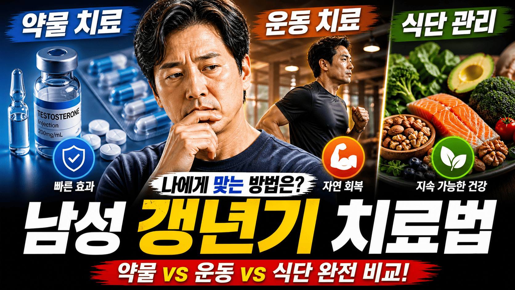 남성 갱년기 치료법 비교 (약물, 운동, 식단)