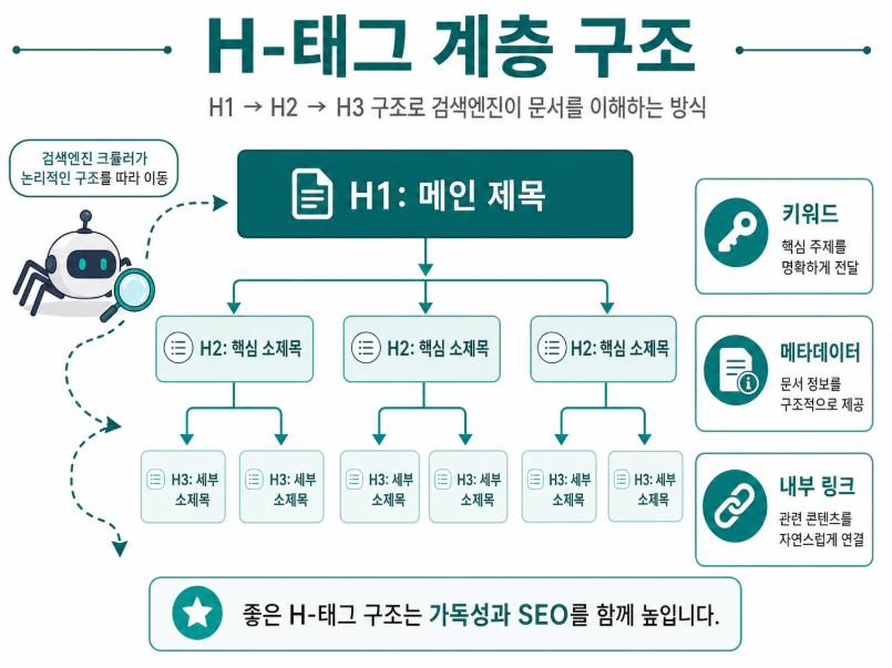 검색 엔진 최적화(SEO)를 위한 H태그 계층 구조와 논리적 문서 설계 인포그래픽