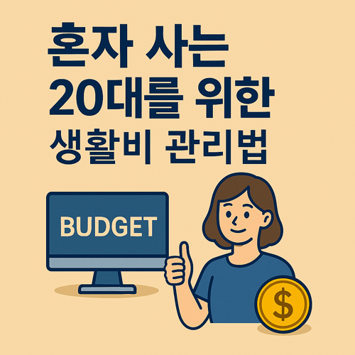 혼자 사는 20대를 위한 생활비 관리법을 안내하는 썸네일 이미지로, ‘BUDGET’ 문구가 있는 모니터, 엄지를 치켜든 여성 캐릭터, 금화 아이콘이 포함된 재정관리 일러스트