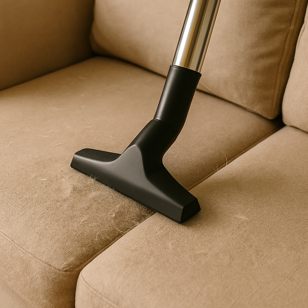 진드기 제거용 노즐이 부착된 진공청소기로 소파 위 먼지를 흡입 중인 장면