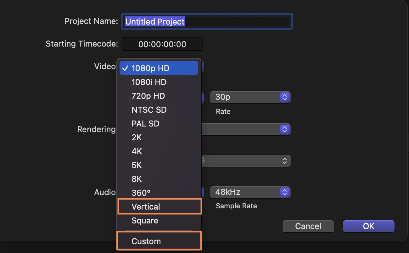 파이널컷 프로 프로젝트 수정 모달