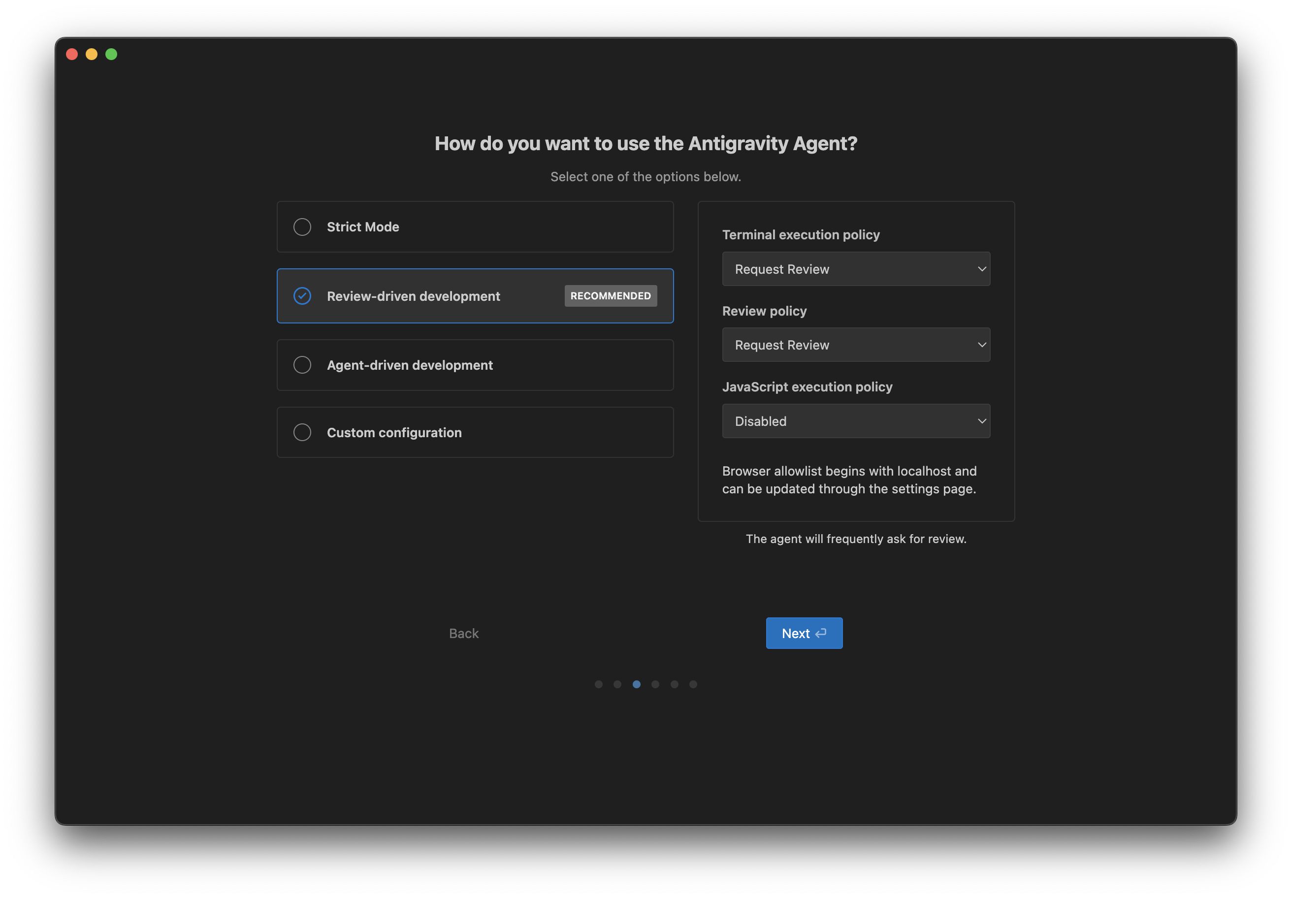 Antigravity Agent 사용 방식 선택 - Strict Mode, Review-driven development, Agent-driven development, Custom configuration