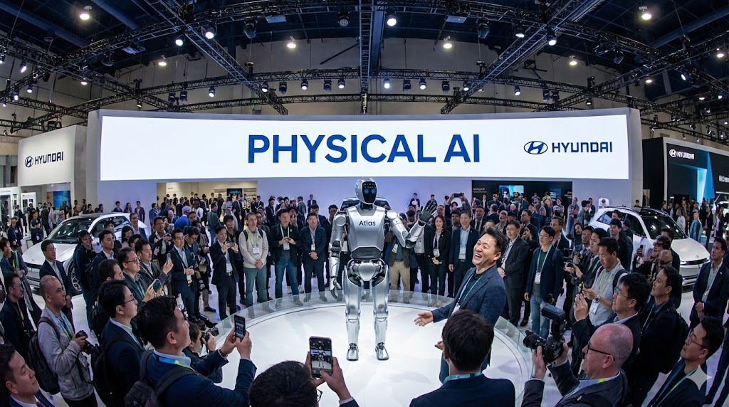 수많은 인파로 둘러싸인 현대차 부스 중앙에서, 휴머노이드 로봇 '아틀라스'가 관람객과 상호작용하며 움직이는 역동적인 현장 사진