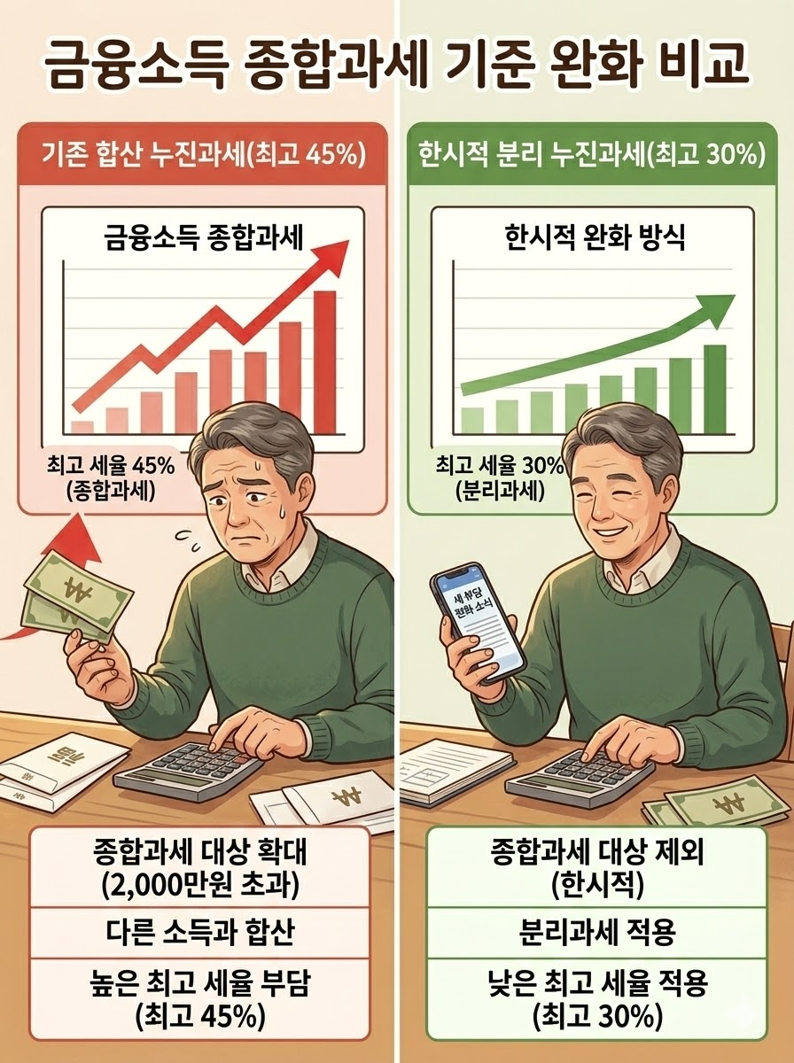 현행 합산 과세 방식과 한시적 분리 과세 방식의 최고 세율 차이를 비교하는 깔끔한 인포그래픽 도표.