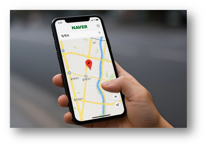 네이버 앱을 사용하여 원하는 목적지를 스마트폰에서 검색하는 모습
