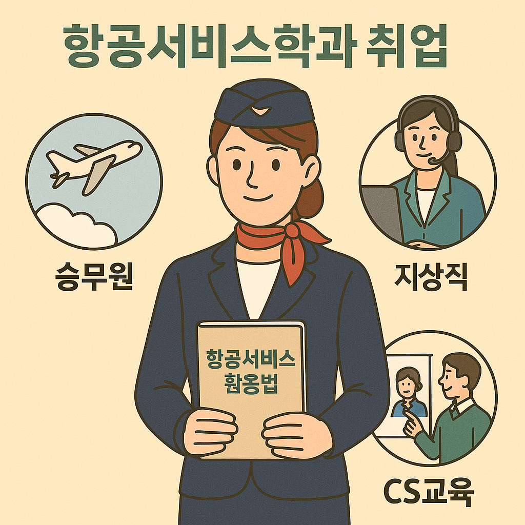 항공서비스학과 취업을 주제로 승무원, 지상직, CS교육 분야를 유니폼을 입은 여성과 함께 설명한 일러스트 포스터