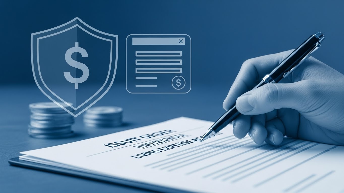 법원의 생계비계좌 사용 허가 결정문이 발행되고, 안전하게 보호되는 생계비 계좌를 상징하는 이미지.