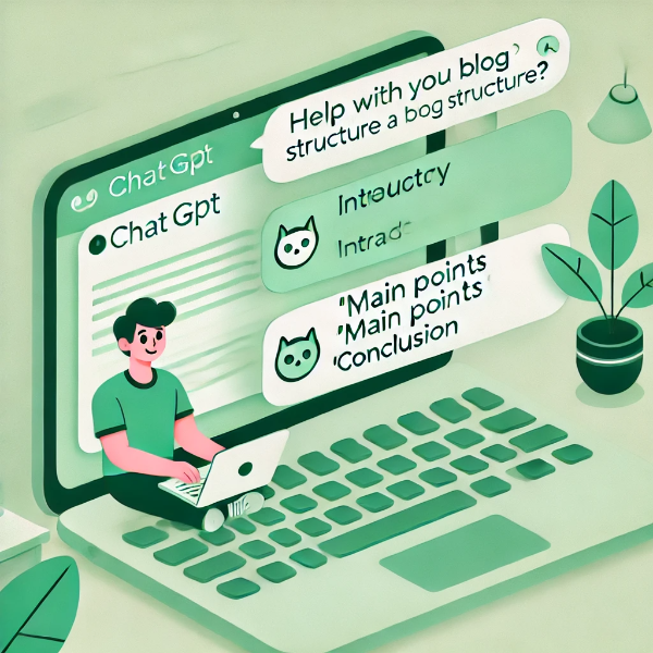 ChatGPT에 블로그 구조를 요청하고 응답받는 대화 장면이 담긴 노트북 화면