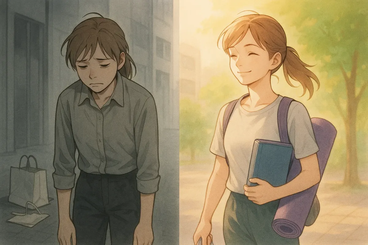 스트레스받은 표정에서 평온한 미소로 변하는 사람의 모습과 쇼핑백 대신 책과 운동용품을 든 이미지