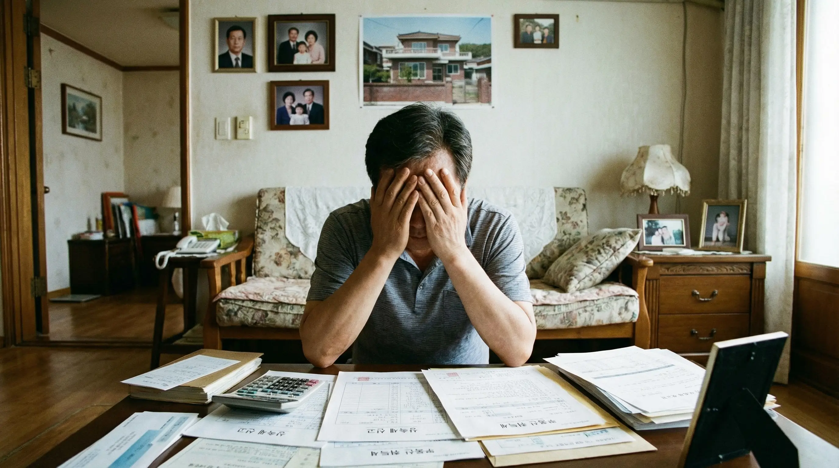 부모님이 남기신 집 상속 문제를 두고 세금 계산기와 서류를 검토하며 고민하는 상속인의 모습