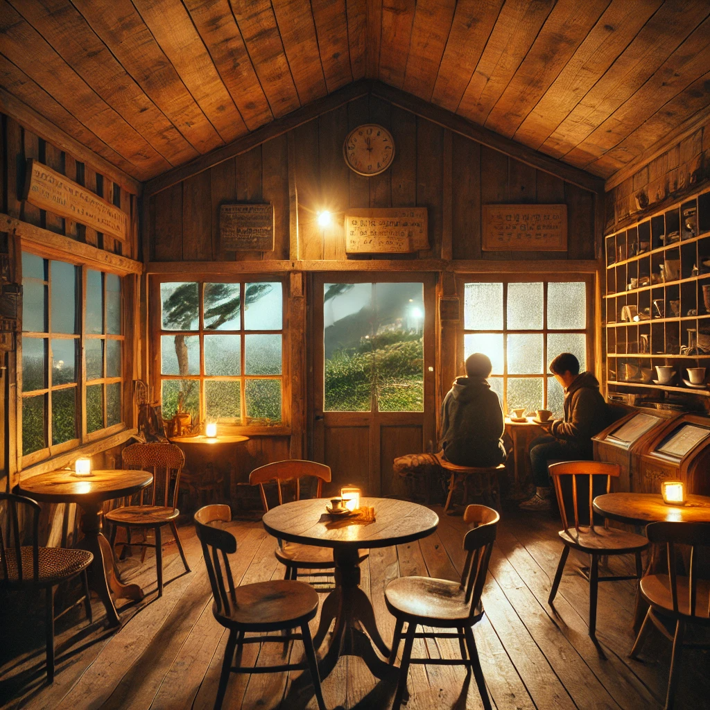 제주도의 작은 시골풍 야간 카페, 나무 인테리어와 빈티지 가구로 따뜻한 분위기를 자아내며 창문 밖으로는 나무들이 바람에 흔들리는 밤의 풍경
