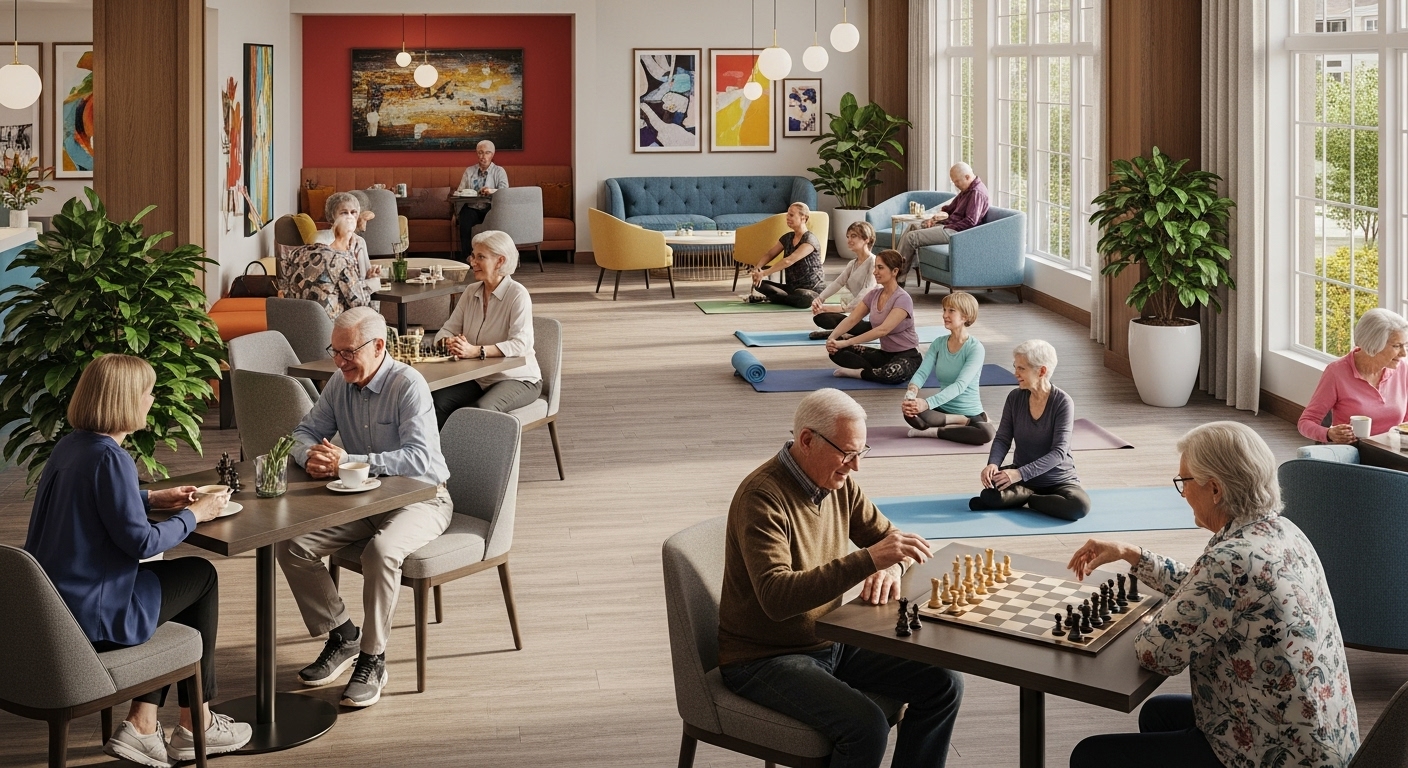 현대적인 시니어 주택의 커뮤니티 시설에서 요가, 체스 등 다양한 여가 활동을 즐기는 노인들