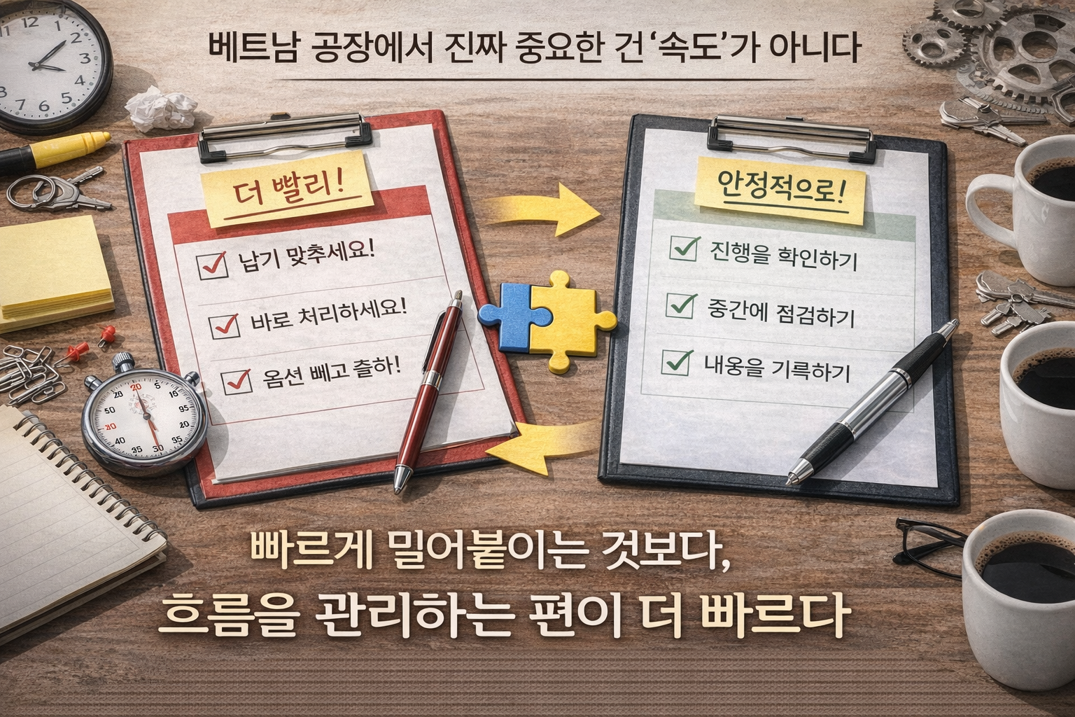 속도를 강조한 체크리스트와 안정적 관리를 강조한 체크리스트가 대비된 사무실 책상 이미지