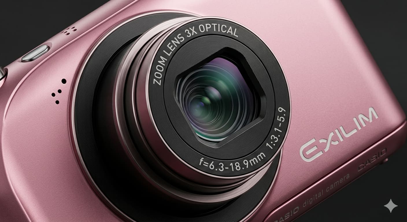 핑크색 카시오 엑슬림 카메라의 돌출된 렌즈와 상단 EXILIM 로고를 강조한 매크로 접사 사진. 빈티지 디카의 금속 질감과 렌즈 구조 묘사.