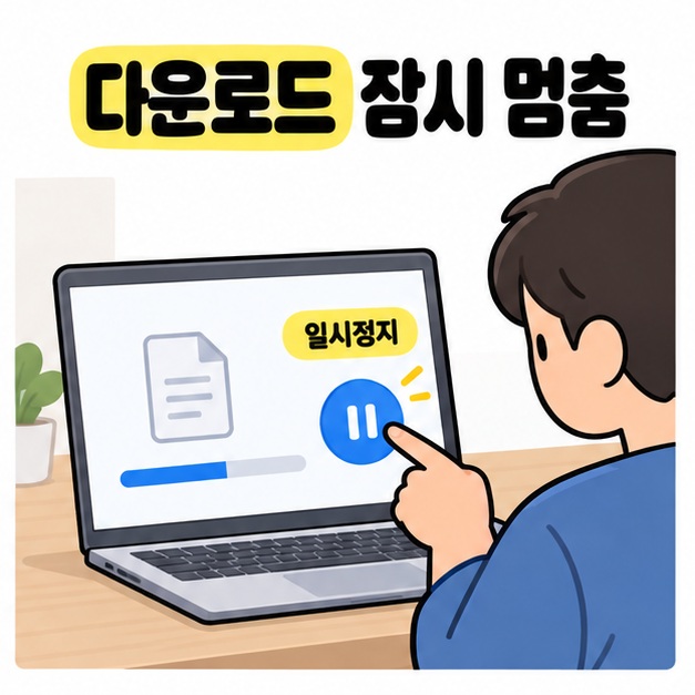 다운로드 잠시 멈춤 문구 아래 사람이 파일과 진행 막대가 표시된 노트북 화면의 일시정지 버튼을 누르는 모습