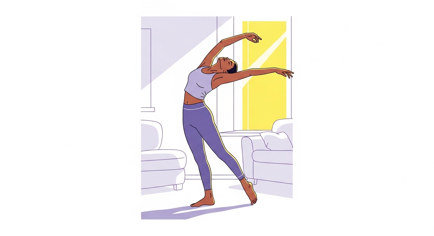 따뜻한 아침 햇살 아래 편안하게 스트레칭하는 사람의 모습. 마이크로 습관으로 몸을 깨우는 평화로운 순간.