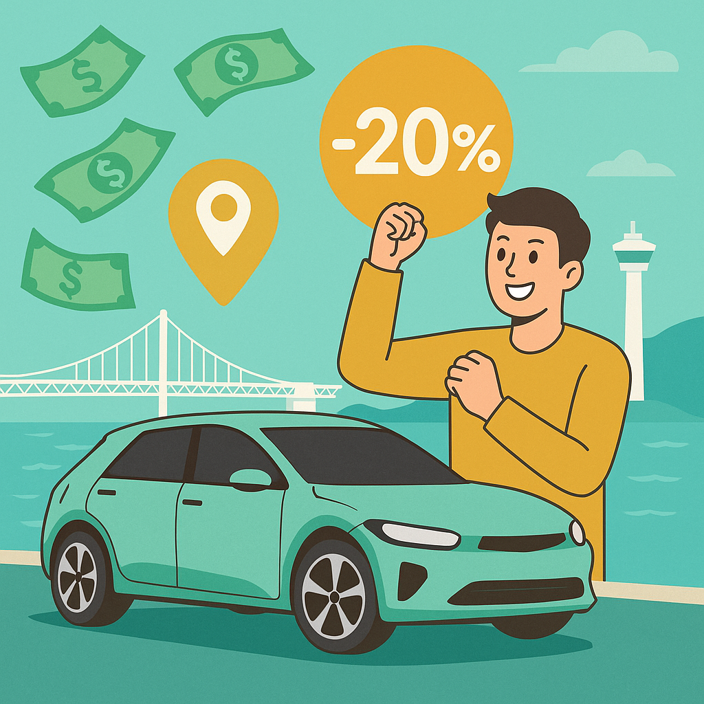 광안대교와 바다를 배경으로 전기차, 할인, 청년의 보조금 혜택을 상징하는 부산시 전기차 정책 일러스트