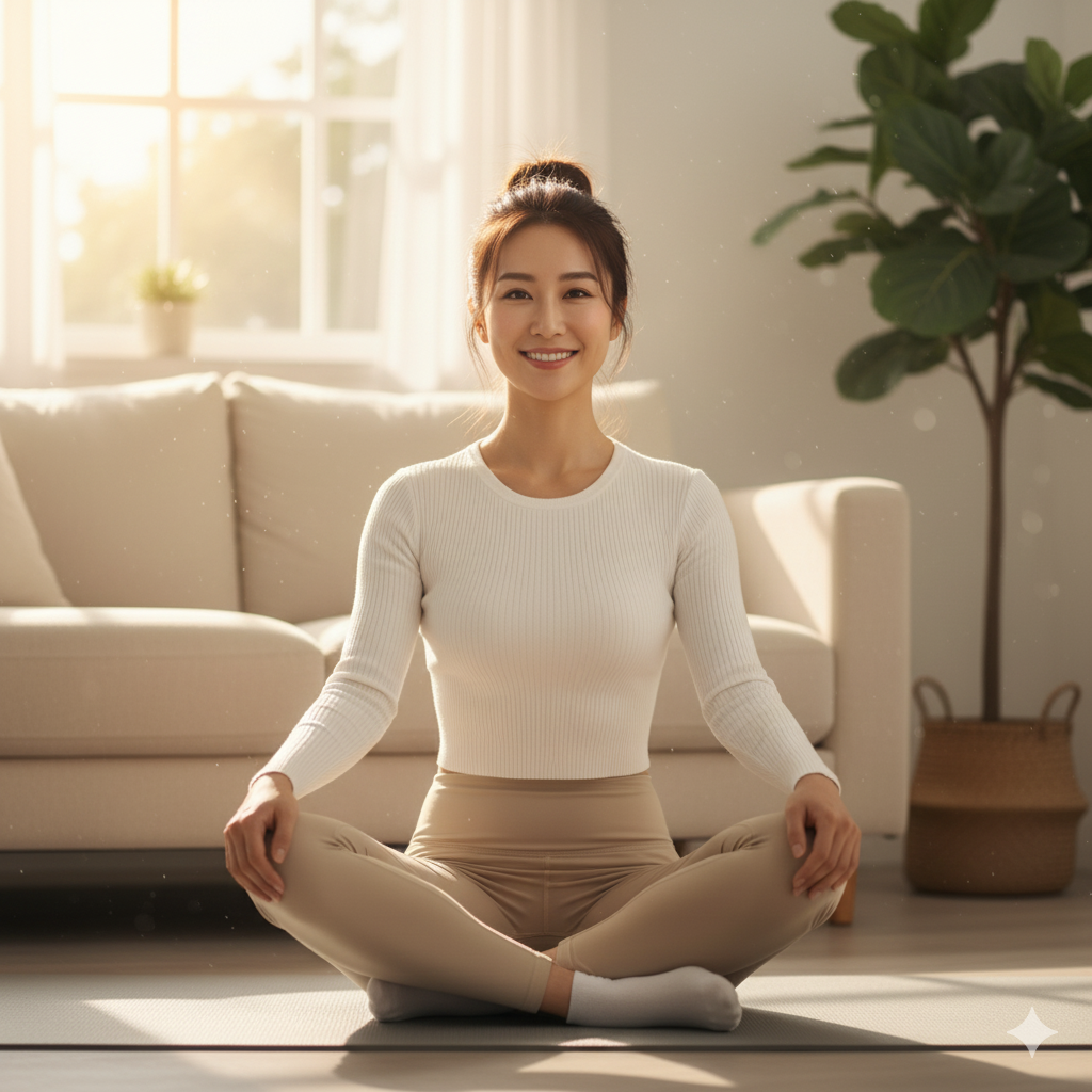 밝은 거실에서 요가 매트를 펴고 운동을 시작하려는, 지적이며 아름다운 미모의 여성 모델.