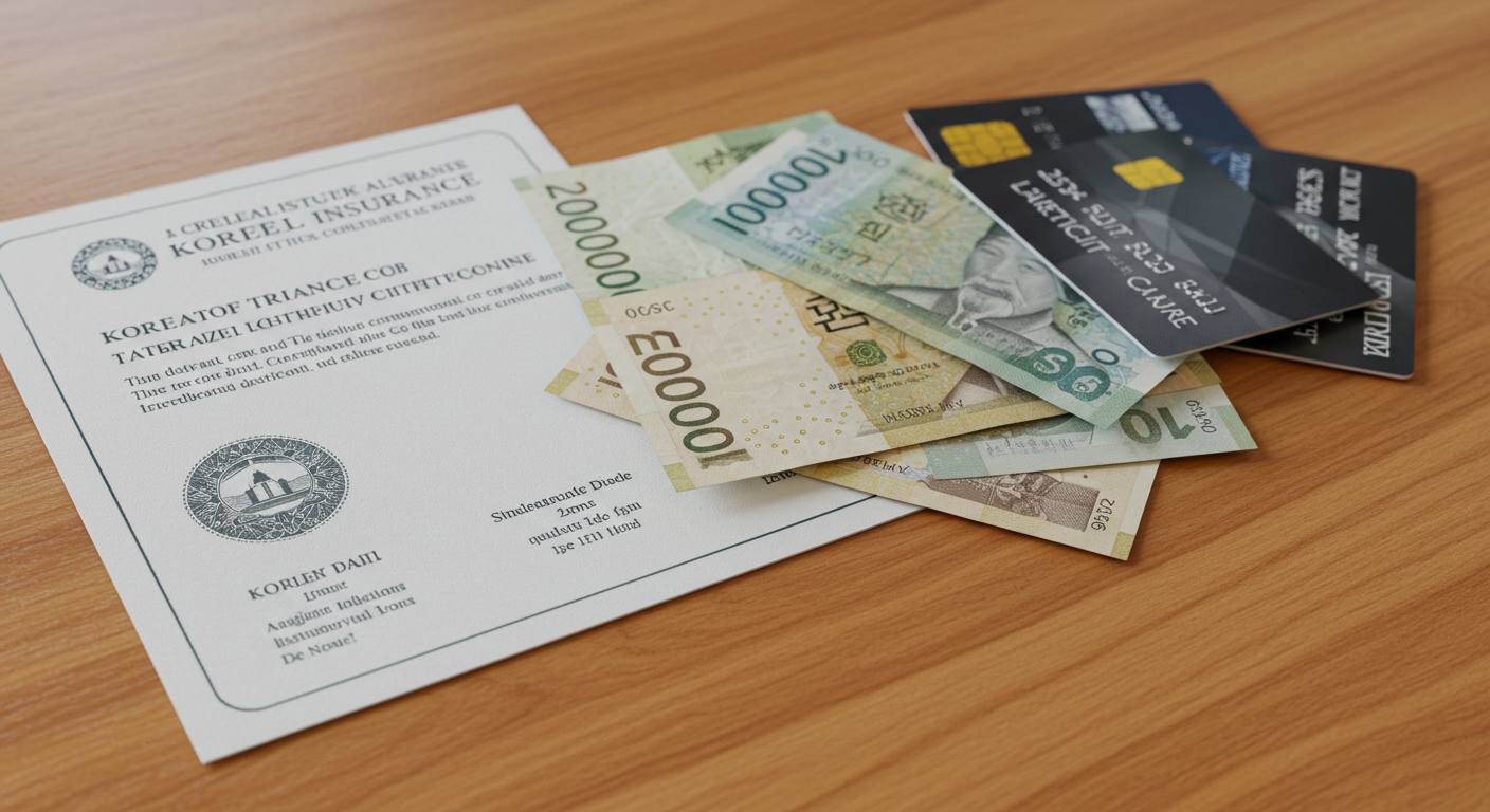 나무 테이블 위에 놓인 여행자 보험 증서와 지폐, 신용카드.