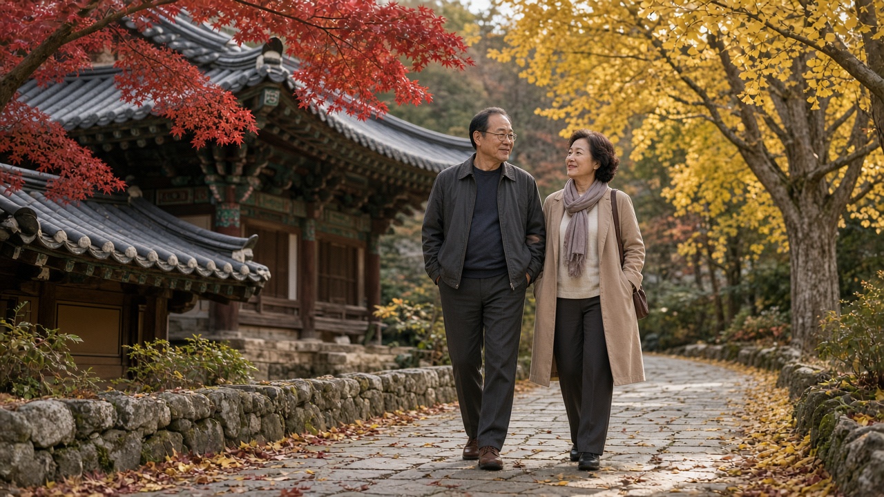 단풍나무와 노란 은행나무로 둘러싸인 전통 사찰 돌길을 걷는 한국인 50대 부부