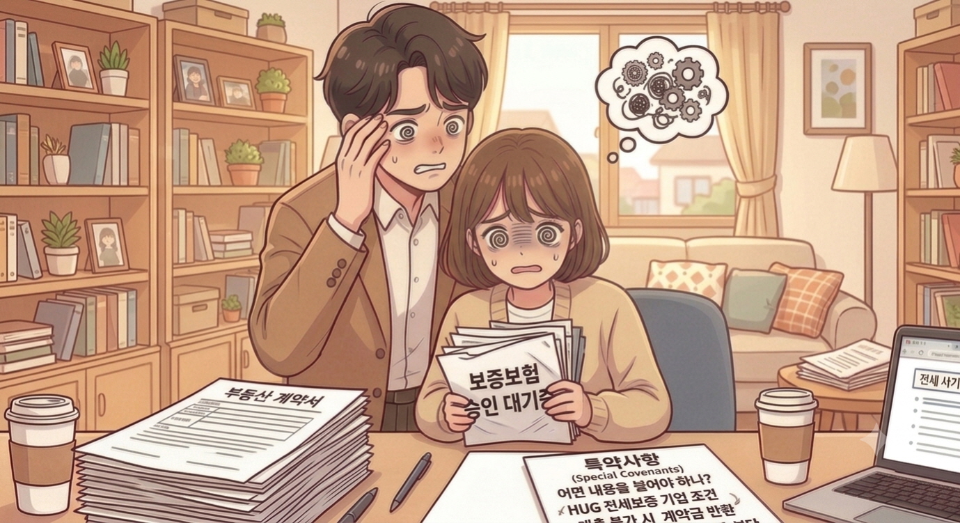 특약사항을 뭘 넣어야 할지 몰라서 혼란스러워 하는 부부의 모습을 표현한 이미지