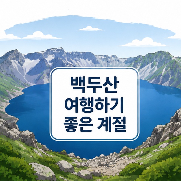 푸른 백두산 천지와 산 능선을 배경으로 여행하기 좋은 계절을 소개하는 그림