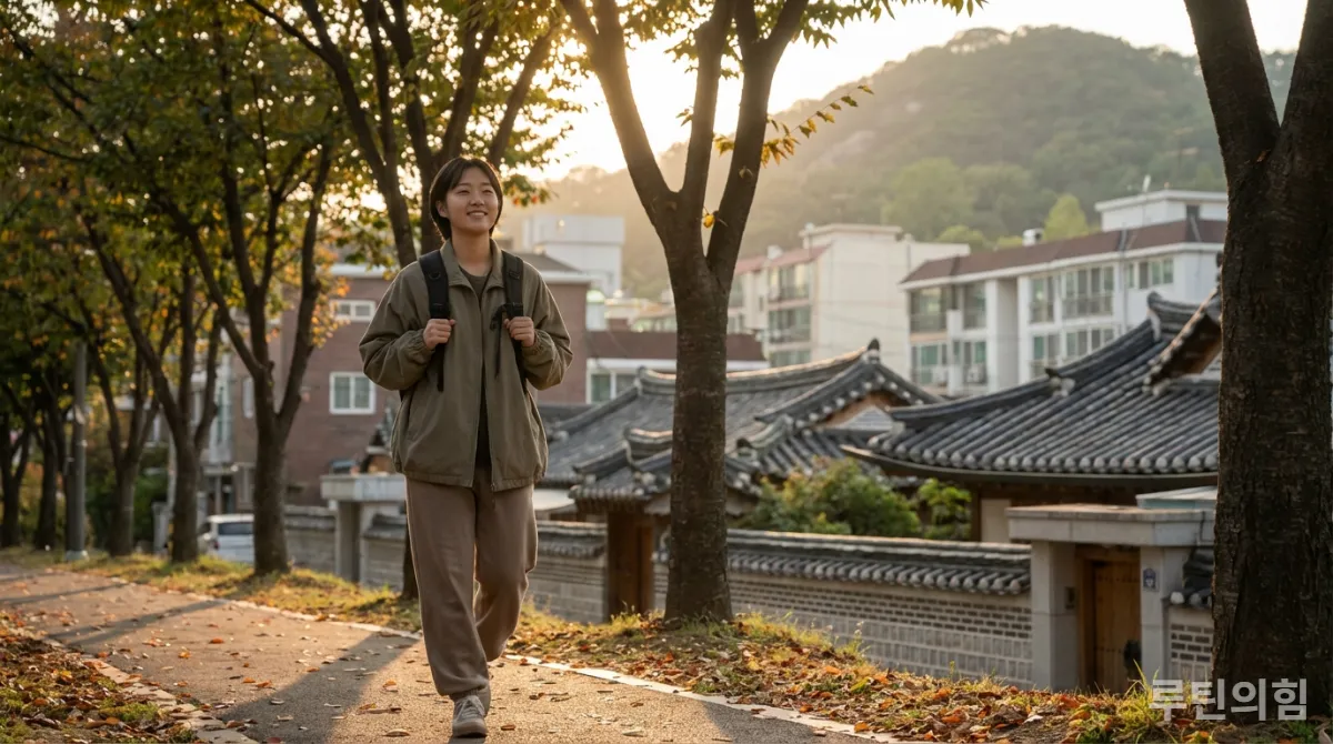 공부 슬럼프를 극복하기 위해 잠시 산책하는 한국인