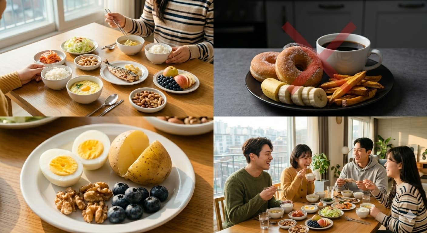 아침 공복에 좋은 음식과 피해야 할 음식이 포함된 건강한 아침식사 가이드 이미지