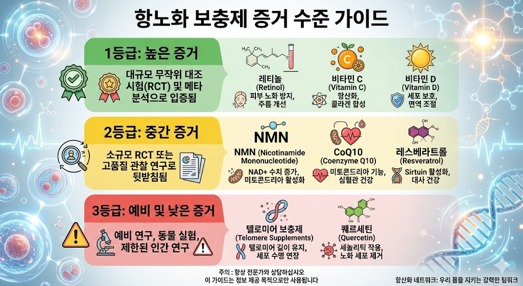 항노화 보충제 근거 수준 분류 &mdash; 비타민D CoQ10 NMN 마그네슘 오메가3 아스타잔틴 임상 근거 한계 전문가 평가