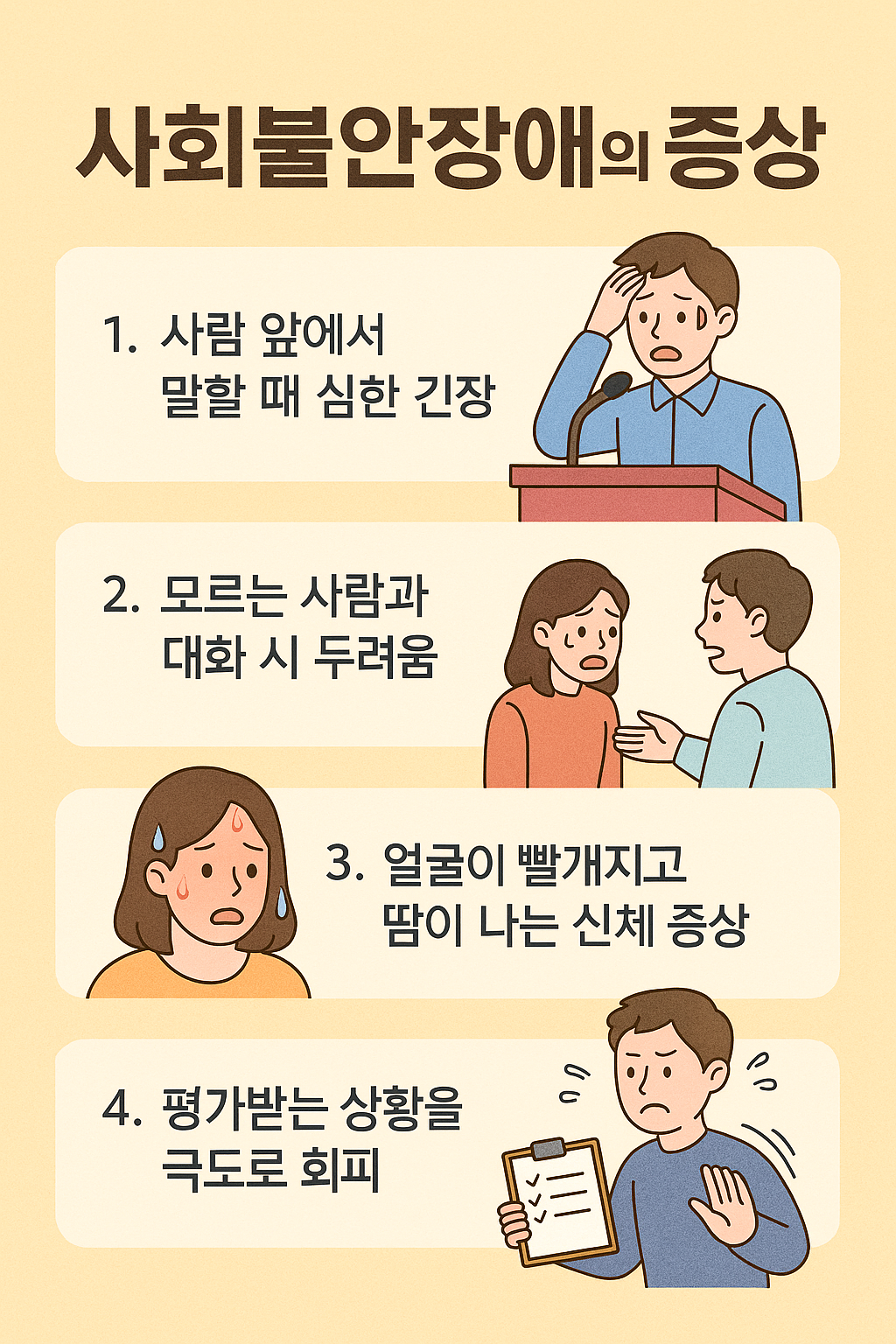 사회불안장애 주요 증상, 불안, 두려움, 얼굴 붉어짐, 회피 행동 인포그래픽